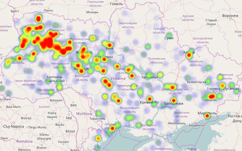 Карта распространения фамилий по Украине
